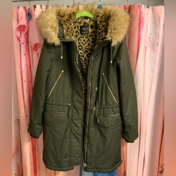 Warm Green Cheetah Fur-Trimmed Parka Coat Zara Trafaluc XS Animal Print - Picture 2 of 4
